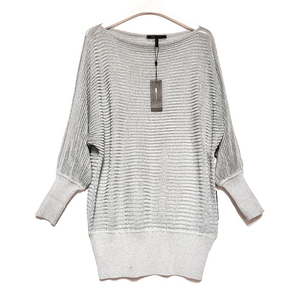 BCBG Max Azria Metallic Sweater Womens M Silver Party Dolman Sheer Retro Disco - Picture 3 of 16